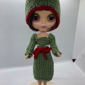 Blythe Doll Elf Clothes, Elf Green and Red Cotton Knit Dress and Hat Set, One of a Kind Holiday Doll Dress Set, Fashion Doll Clothes