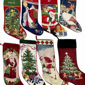 Nostalgic Needlepoint Christmas Stockings: Golfing Santa, Santa Topper, Old World Santa, Santa With Presents, Saint Nicholas.