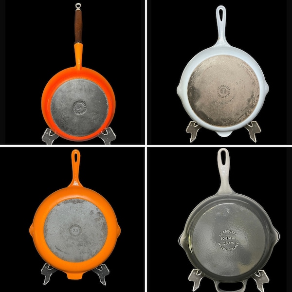 Vintage Le Creuset Fry Pans #24 9 1/2” Flame Orange, #26 10 1/4” Chambray, #30 12” Orange, New 10 1/4” Grey Signature Enamaled Skillet!