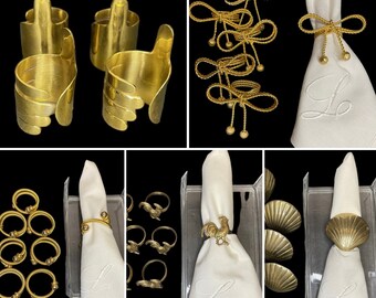 Brass Napkin Rings, Fingers, Twisted Wire Bow, Colied Rope, Rooster, Seashell!