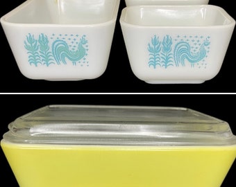 PYREX Turquoise Amish Butterprint 3-Pc Set, 501-1 1/2 Pt & 502-1 1/2” Cup (no lids). 1940s Primary Yellow w Lid 503-1 1/2” Qt Old Style.