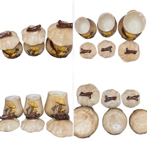 May include: Set of ceramic mushroom-shaped canisters with brown stems and yellow mushroom caps. The canisters are arranged in a row, with the largest canister on the right and the smallest on the left. The canisters are decorated with brown and yellow details.