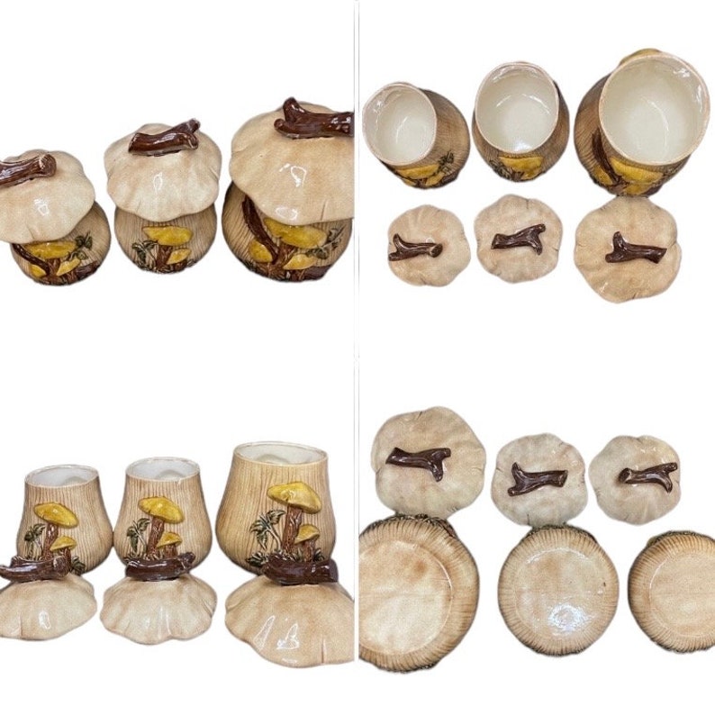 May include: Set of ceramic mushroom-shaped canisters with brown stems and yellow mushroom caps. The canisters are arranged in a row, with the largest canister on the right and the smallest on the left. The canisters are decorated with brown and yellow details.