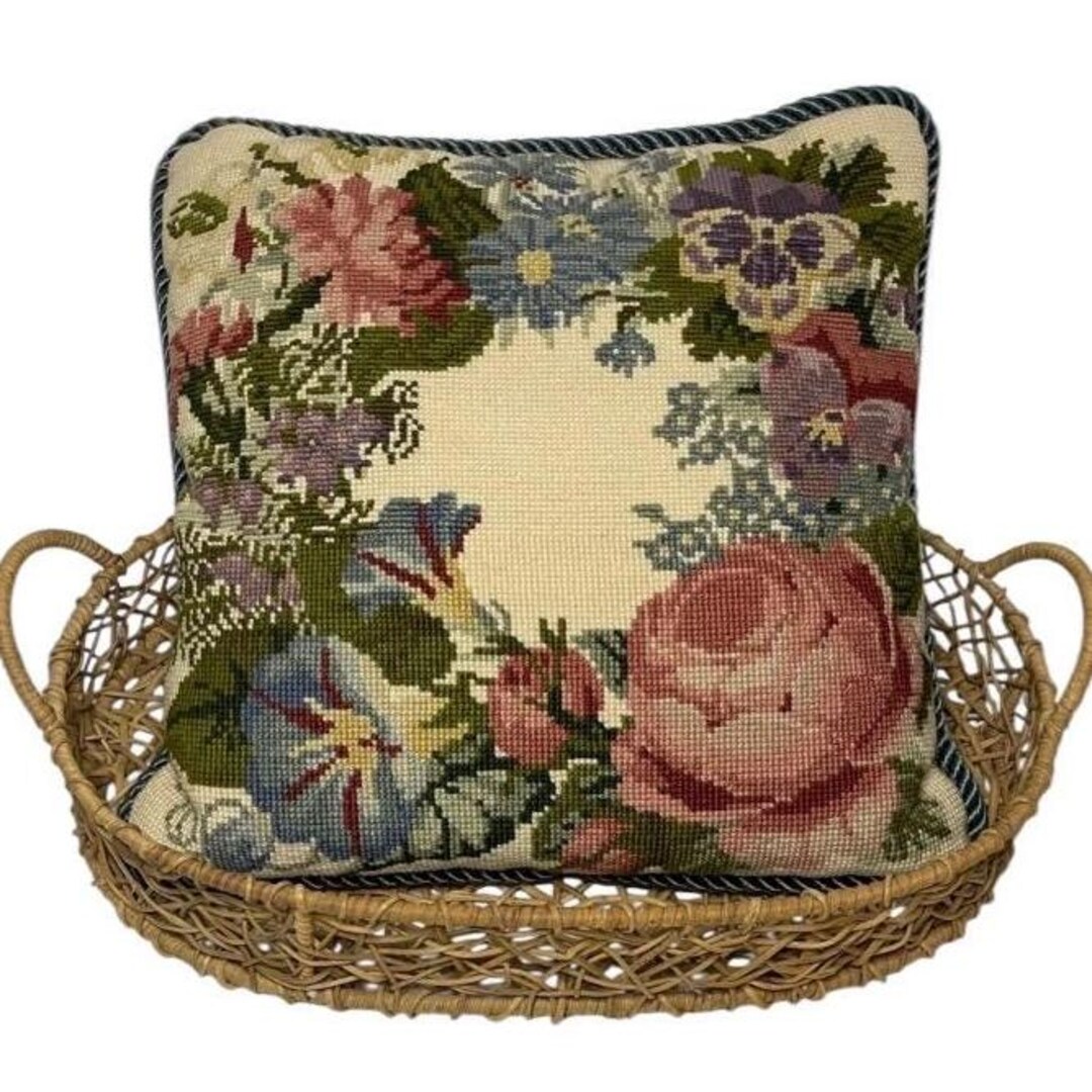 Floral Needlepoint Pillow Multi Color With Rope Welt and Olive Velvet ...