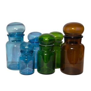 Bubble Lid Apothecary Jars In Amber Blue Green 5“ 7” & 9” Made in Belgium.