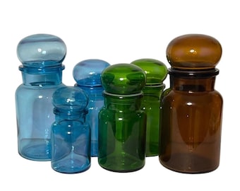 Bubble Lid Apothecary Jars In Amber Blue Green 5“ 7” & 9” Made in Belgium.