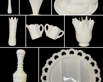 Vintage Milk Glass, Vases, Hen On Basket Candy Dish, Divided Platter, Decanter, Sugar & Creamer!