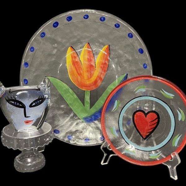 Open Minds 3 1/2” Face Sculpture, 7 1/2” Heart Plate, 15” Tulip Plate By Ulrica Hydman Vallien For Kosta Boda!