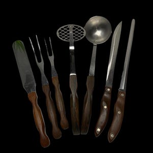 CUTCO Brown Wood Handle #14 Masher, #26 & #27 Fork, #28 Spreader. SOLD #15 Ladle, #23 Carver, #24 Slicer. Sold Individually.