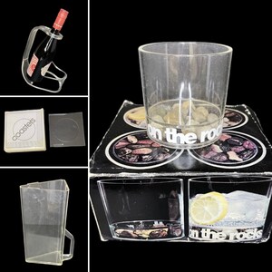 LUCITE 13 1/4” Wine Bottle Holder, 12 Oz On The Rocks Lowball Glass, Acrylic Drink Coasters, Triangle Pitcher!