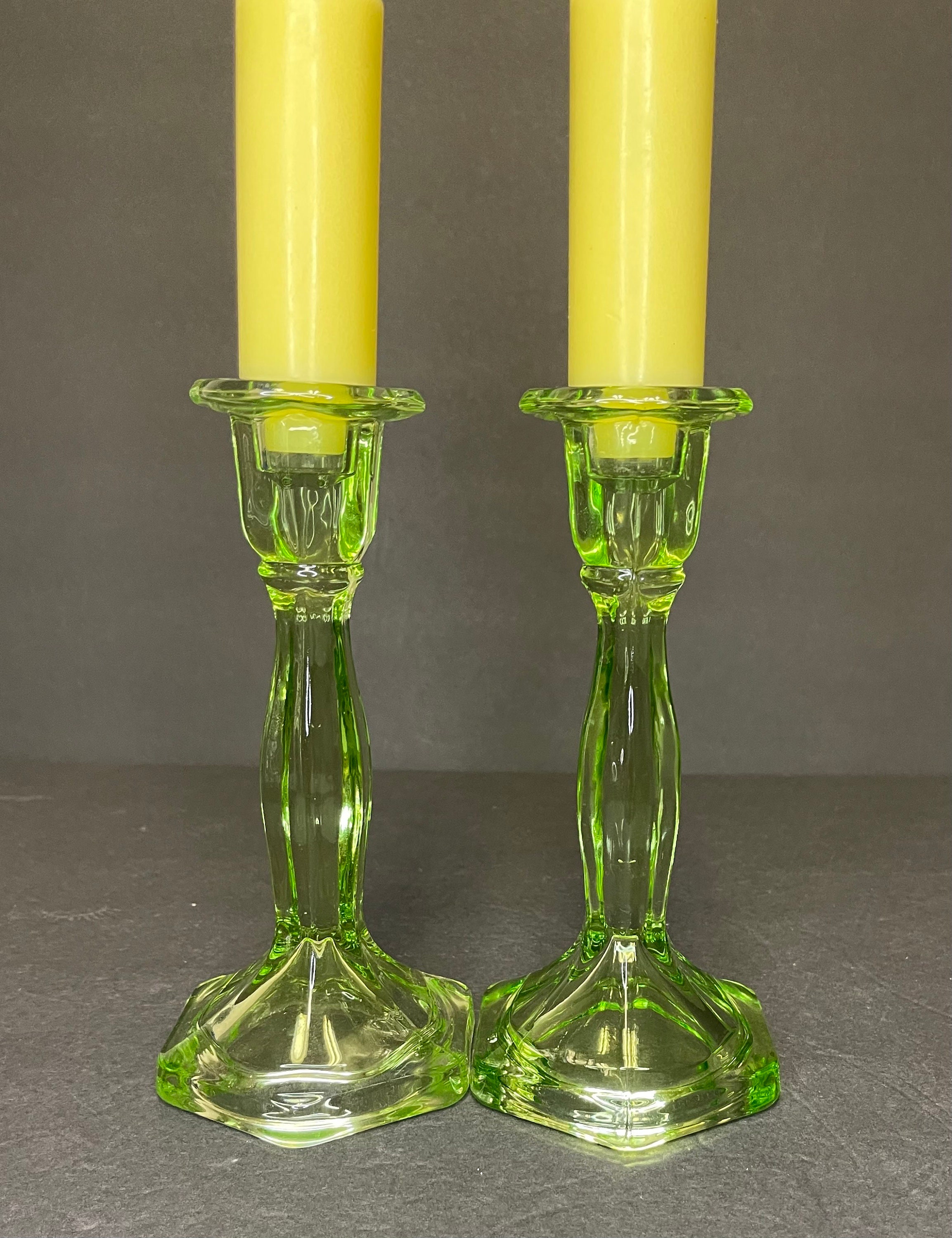 Green Depression Glass Candlestick Holders Etsy