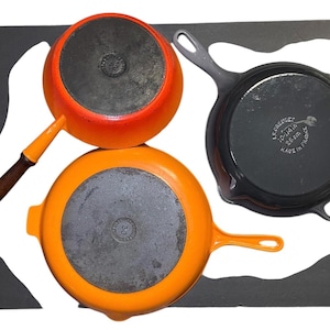 Flame Orange Le Creuset Skillet Fry Pan #24 9 1/2”, NEW Grey Signature 10 1/4”,  Orange #30 12” (SOLD).