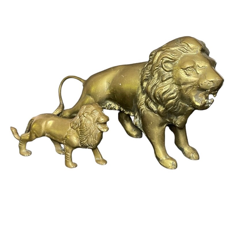 Male Lion Brass Statues, Jungle Animal Sculpture 13 1/2” & 7 1/2” Pair ...