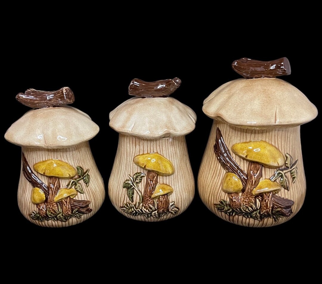 Set of 3 Vintage 1970s Mushroom Kitchen Canister Set With Branch Handle ...