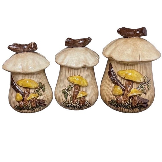 3 Merry Mushroom Ceramic Canisters Atlantic Mold, Beige With Yellow Caps Brown Branch Handles.