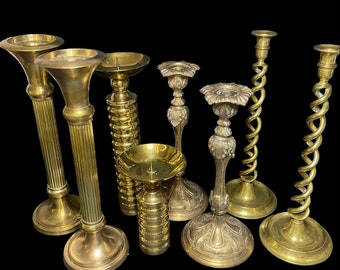 Large Brass Candlestick Holders, 16” English Barley Twist, 16” Column, 14” & 8 3/4” Ribbed, 13 3/4” Ornate Victorian Leaf!
