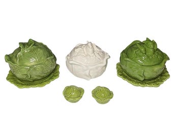Holland Mold Cabbage Leaf Bowls 7” With Rabbit Tops White & Green.