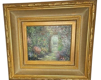 Original Oil Painting Garden Scene Doorway In Brick Wall  18 1/2”.