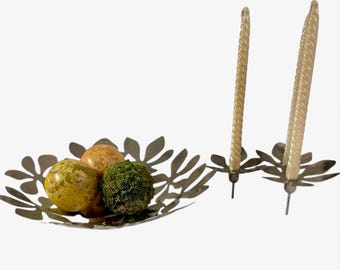 Vntg Stockholm IKEA Fruit Bowl & Tripod Candlestick Stainless Monika Mulder Lotus Flower 2-Pc Set.