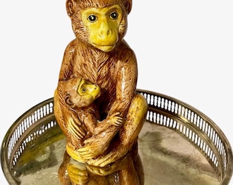 Escultura de cerámica vintage de mono de 9 pulgadas, madre e hijo, esmalte marrón rojizo.