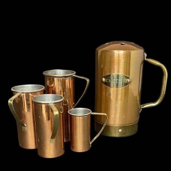 Copper 1/4, 1/2, 3/4, 1 Cup Measuring Cups With Brass Handles, Made In Portugal, 6” Copper Cheese Shaker With Brass Handle, Made In Korea!