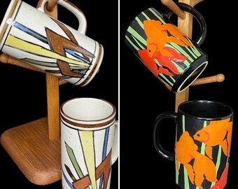 Otagiri Fish Bouquet Pair 5” Mugs, Geometric Lines Pair 5 1/2” Mugs!