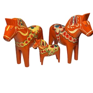 Dala Horse Orange Vintage Swedish Wooden Statues 12” & 7”.