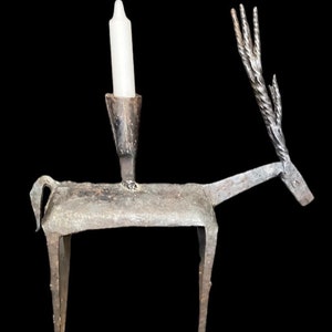 Brutalist Gazelle Candlestick 12” Forged Metal Sculpture.