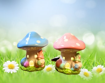 Light-Up Ceramic Mushroom Gnome with Bunny Ears and Easter Egg - Spring Decor Night Light