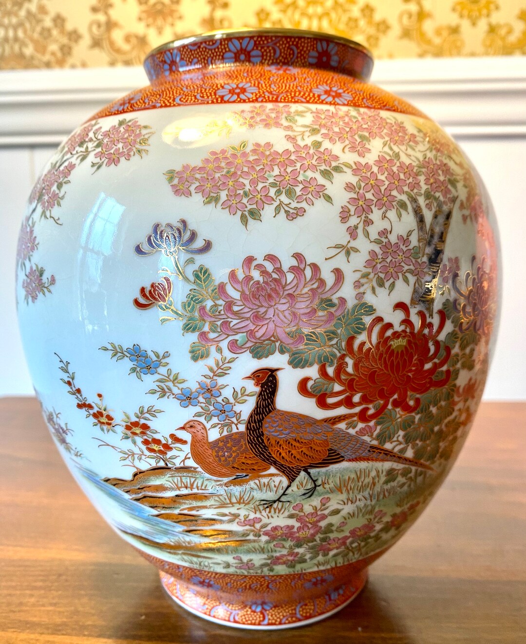 TOYO Japanese Ceramic Vase W Peacocks and Sakura Trees Etsy