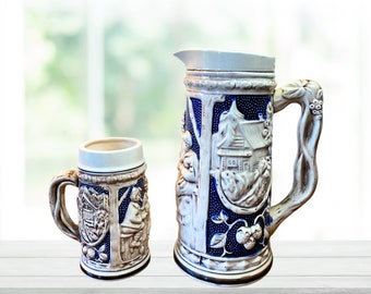 Vintage Ceramic German Beer Design Pitcher and Stein Set of 2