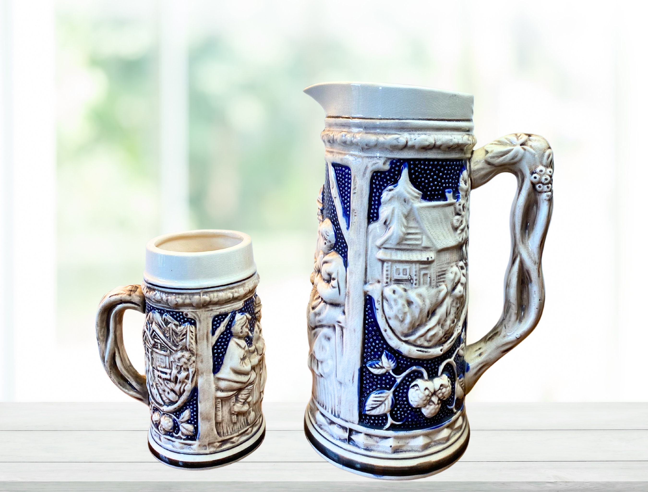 “Mahon Made Stoneware” Beerマグ （ジョッキ）ペア Vintage Ceramic German Beer Design Pitcher and Stein Set of 2 - Etsy