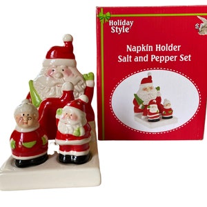 Holiday Style Santa & Mrs. Claus Napkin Holder Salt and Pepper Shaker Set