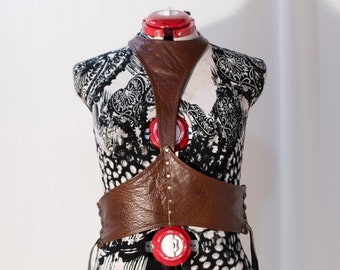 Body harness, cognac colored genuine leather with gold accents