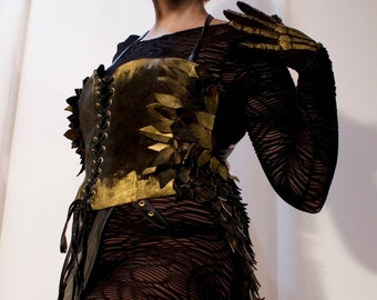 Leather bustier with burlesque style half skirt, Sculptural Morrigan