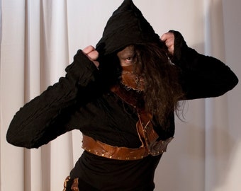 Black cropped vest with leather trims, Wastelander