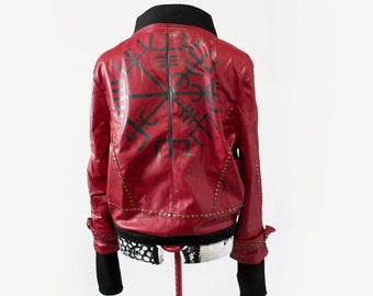 Faux leather bomber, with handpainted Vegvisir viking compass, A Wanderer