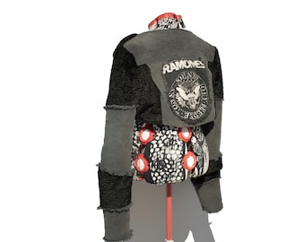 Punk rock denim jacket with Ramones pack patch and faux fur