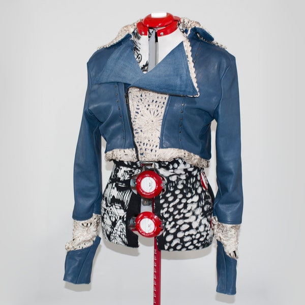 Bolero biker jacket, made of leather and denim with hand painted Jimi Hendrix backpatch, Voodoo Child jacket