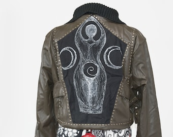 Bomber style jacket with pockets, metal accents and painted backpiece, the Triple Goddess, from the Chaotic Nature collection