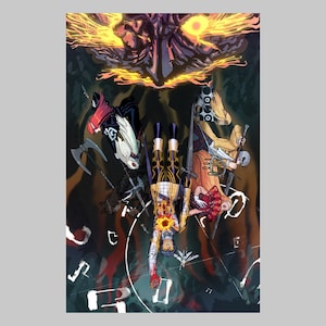 May include: Vertical art print with a fantasy illustration. The artwork features figures and weapons against a dark background, with a fiery, golden-yellow upper section. The figures are in various poses, with swords and other items.