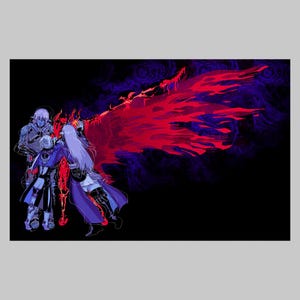 Könnte beinhalten: Digitaler Kunstdruck mit drei Figuren in einer Fantasy-Umgebung. Die Charaktere sind in Blau-, Lila- und Weißtönen dargestellt, mit einer großen, leuchtend roten und lila flügelartigen Struktur auf schwarzem Hintergrund.