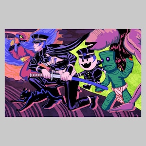 May include: A vibrant illustration featuring a figure in a black uniform with a sword, running alongside a black cat and several stylized characters. The artwork has a comic book style with bold colors and dynamic poses.