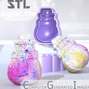 以下が含まれることがあります： 紫色のベースとカラフルなペイントの飛沫がついた白い雪だるまを持つ、3Dプリントされた雪だるまの型。型は開いており、雪だるまは隣に置かれています。STLデジタルファイル。