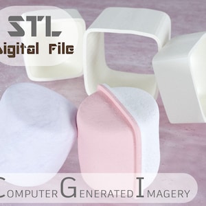以下が含まれることがあります： 白い背景に、白いものが2つとピンクのものが2つの、合計4つの3Dプリントされたオブジェクトがあります。オブジェクトは立方体の形をしており、ざらざらとした質感の表面をしています。画像の左上隅には「STL Digital File」というテキストが表示されています。