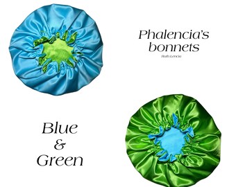 Blue & Green Reversible satin bonnet