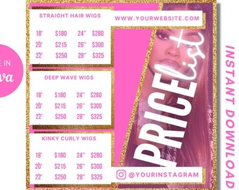 May include: Pink and gold price list for wigs, featuring straight, deep wave, and kinky curly styles. Includes lengths from 18 to 28 inches. The text "PRICE LIST" is displayed vertically. The image also includes the text "INSTANT DOWNLOAD" and "@YOURINSTAGRAM".
