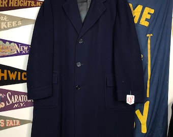 Casaco vintage de lã cashmere azul marinho dos anos 50 com bolsos de remendo meio forrados XL 46 48