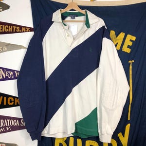 vintage 90s Nautica white with blue color block stripe rugby shirt made Hong Kong XL