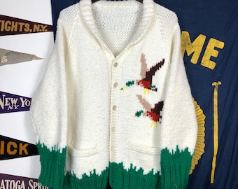 1950s Mary Maxim Novelty Duck Hunting Frontzip Cowichan Sweater